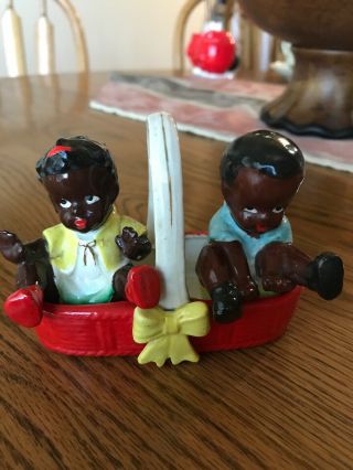 Black Americana Vintage Ceramic Salt Pepper Shaker Set Babies In A Basket China