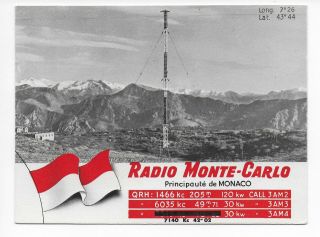 Qsl Radio Monte Carlo Principaute Monaco 1956 Stamp Postmark Flag Antenna Dx Swl