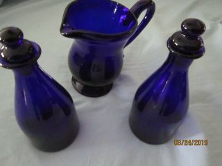 Colbalt Blue 5 Piece Vintage Glass 5 " Creamer 2 6 " Oil & Vinegar W Stoppers