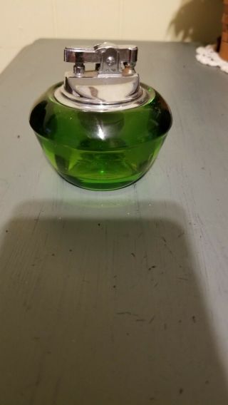 Vintage Green Glass Table Lighter Mid Century Round