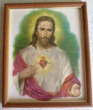 Vtg Framed Sacred Heart Of Jesus Art Print 9 " X11 " 1979 Rr Productions Lithograph