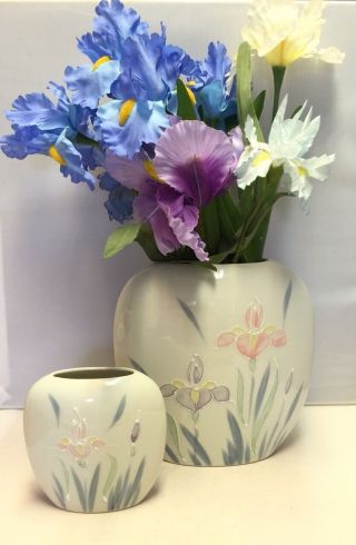 Set Of Vintage Otagiri Japan Hand Painted White Porcelain Floral Lite Vase