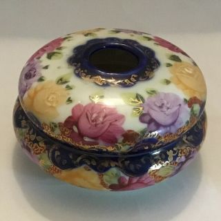 Antique Hand Painted Porcelain Vanity Hair Receiver Jar Gilded & Roses