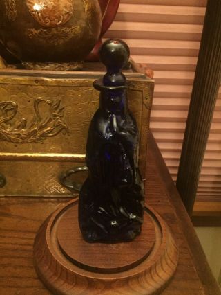 Our Lady Of Guadalupe Vintage Cobalt Blue Glass Holy Water Bottle With Stopper