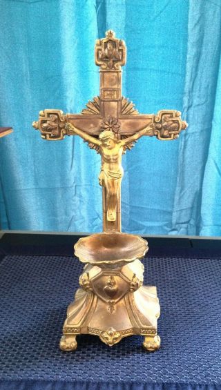 Vintage Metallic Brass Crucifix & Holy Water Font,  Staning,  11 " Tall