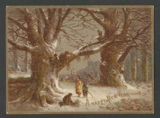 G15 - Children Playing In Snowy Forest - Raphael Tuck - Victorian Year Card