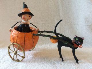Halloween Black Cat Pulling Girl In Pumpkin Coach
