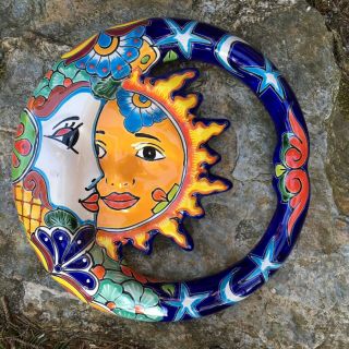 Sun & Moon Eclipse - Mexican Talavera Pottery Sun Moon Ceramic Folk Art - 14”