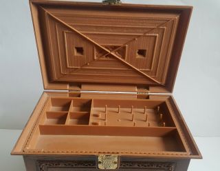 VINTAGE MAX KLEIN SC - 1280 PLASTIC CARVED WOOD LOOK SEWING KIT CHEST BOX & TRAY 5