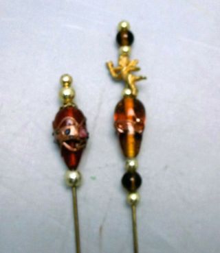 Vintage Style Set Of 2 Glass Hat Pins,  Gold,  Brown,  Amber Beads