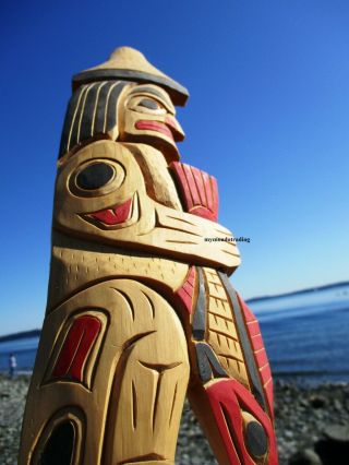 Northwest Coast First Nations Native Art Carved Human With Salmon,  Signed,  Cedar