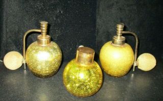 3 Mid Century " De Vilbiss " Gold Plated Crackle Glass Perfume Bottle Atomizer