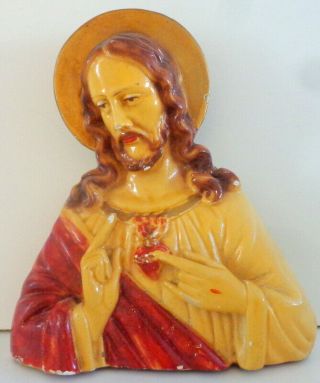 Vintage French Sacred Heart Jesus Wall Plaque Circa 1930s 9 Inches Long