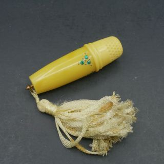 Vtg Yellow Celluloid Sewing Kit Thimble Spool Needle Holder Rhinestones Tassel