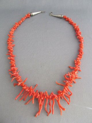 Vintage Old Pawn Sterling Chunky Branch Coral Bead Flapper Necklace