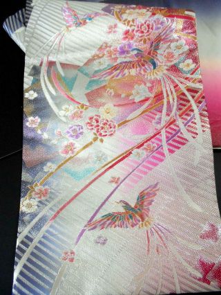 Japanese Kimono Silk Fukuro Obi,  Rokutu,  Birds,  Silver Thread,  Rare,  L166 ".  702