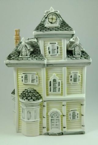 Vintage Yellow Victorian Two Story House Cookie Jar Canister With Bay Window
