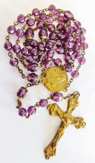 Vintage Purple Glass Rosary Sacred Heart Blessed Virgin Mary Old