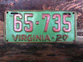 Vtg Antique 1927 Virginia License Plate Rare All Depression Era Car Tag