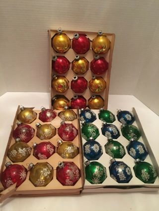 Three Boxes Vintage Glass Christmas Ornaments Red Gold Green Blue Mica Glitter
