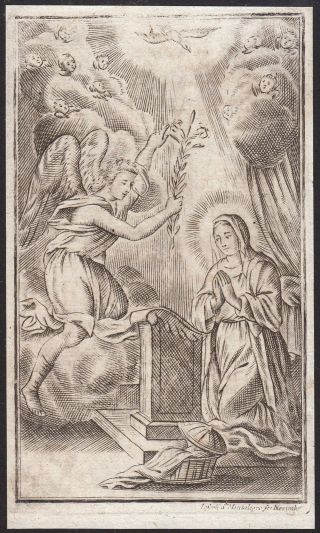 Antique Holy Card Engraving 18th Century Baroque - The Annunciation
