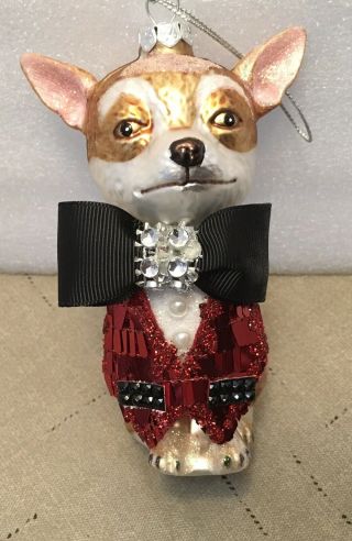 Old World Christmas Glass Ornament Corgi Or Chihuahua Dog Tux Sequins Bow Tie