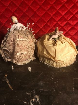 2 Vintage Victorian Porcelain Half Lady Doll Pin Cushion