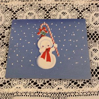 Vintage Greeting Card Christmas Norcross Snowman Candy Cane Snow