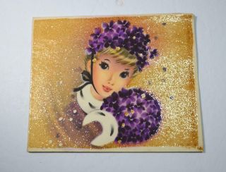 Vintage Glitter Christmas Card Pretty Blonde Girl Woman W/ Purple Hat & Muff