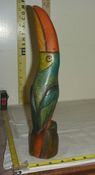 Vtg Hand Carved Wood Toucan - Colorful - 12 1/4 " High X 2 1/2 " Diameter