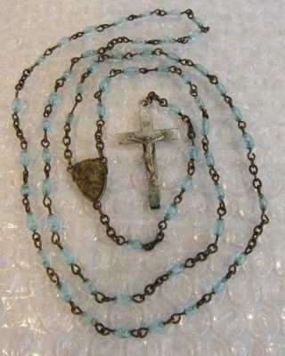 Vintage 18 " Baby Blue Glass Beads Crucifix Rosary Prayer 3d Jesus