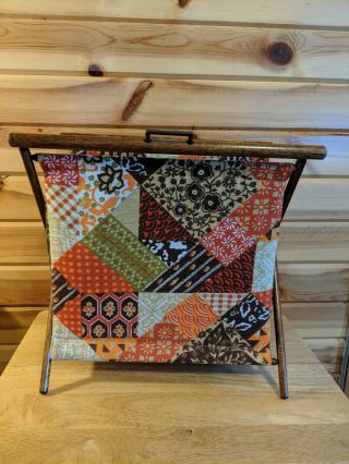 Vintage Fabric Wood Folding Yarn Knitting Sewing Tote Basket 13 " X 13 "