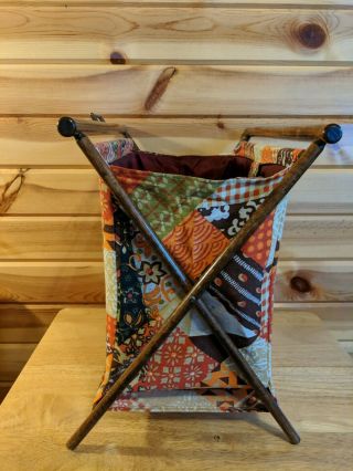 Vintage Fabric Wood Folding Yarn Knitting Sewing Tote Basket 13 