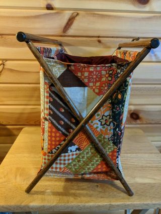 Vintage Fabric Wood Folding Yarn Knitting Sewing Tote Basket 13 