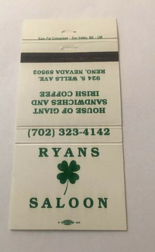 Vintage Matchbook Cover Matchcover Ryan’s Saloon Reno Nv