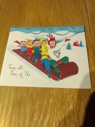 Vintage Christmas Card Happy Family Sledding From The Five Of Us