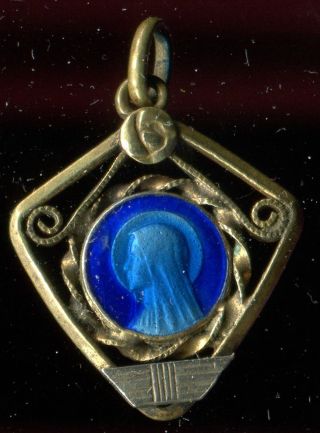 Antique Silvered Blue Enamel Medal Of Our Lady Of Lourdes