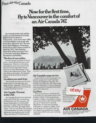 Air Canada Now For First Time London To Vancouver & Toronto 747 1970 Uk Ad