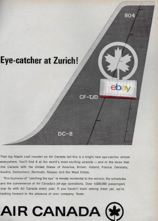 Air Canada Eye Catching 1965 Douglas Dc - 8 Maple Leaf Roundel Logo Ad