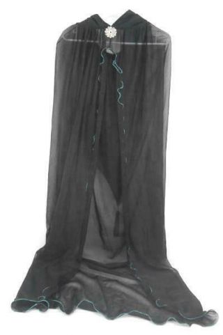 One Size Long Black Sheer Teal Glitter Trim Cape Halloween Costume