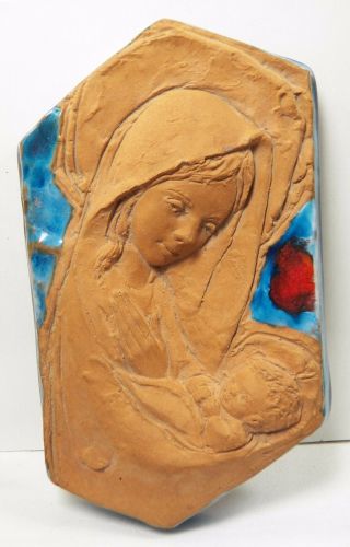 Terra Cotta Bas Relief Madonna & Child Sculpture Signed Glazed Wall Decor Vintag