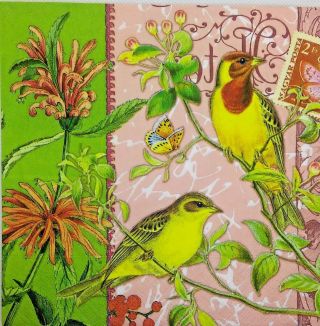 3x Single Paper Napkins For Decoupage Craft Tissue Green Pink Birds Flowers M120