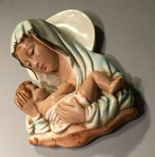 Antique H - Painted Chalkware Plaster Mother & Child Mary Baby Jesus Wall Plaque