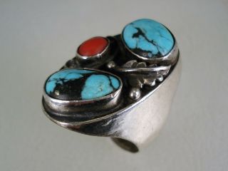 Old Navajo Cast Sterling Silver & 2 Bisbee Turquoise,  Coral Ring Sz 10.  5