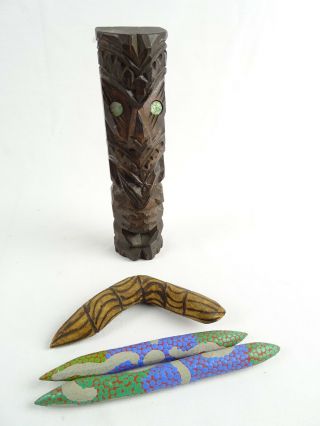 Vintage Kiwi Tiki & Australian Aboriginal Dot Painted Clap Sticks & Pokerwork