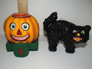 Vintage Style Halloween Paper Mache Black Cat With Jack - O - Lantern Candle Holder