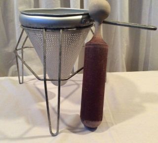 Vtg Aluminum Fruit Jelly Strainer Canning Press Cone Sieve W/stand & Wood Pestle