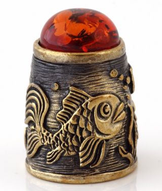 Gold Fish Brass Bronze Thimble Baltic Amber Russian Collectible Souvenir 1 1/8 "