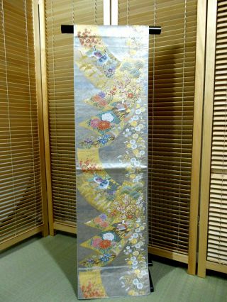 Japanese Kimono Silk Fukuro Obi,  Rokutu,  L 170 ",  Gold & Silver Thread,  Rare,  642