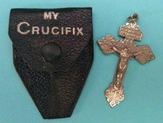Vintage " My Crucifix " Silver - Tone Pocket Crucifix In Pouch